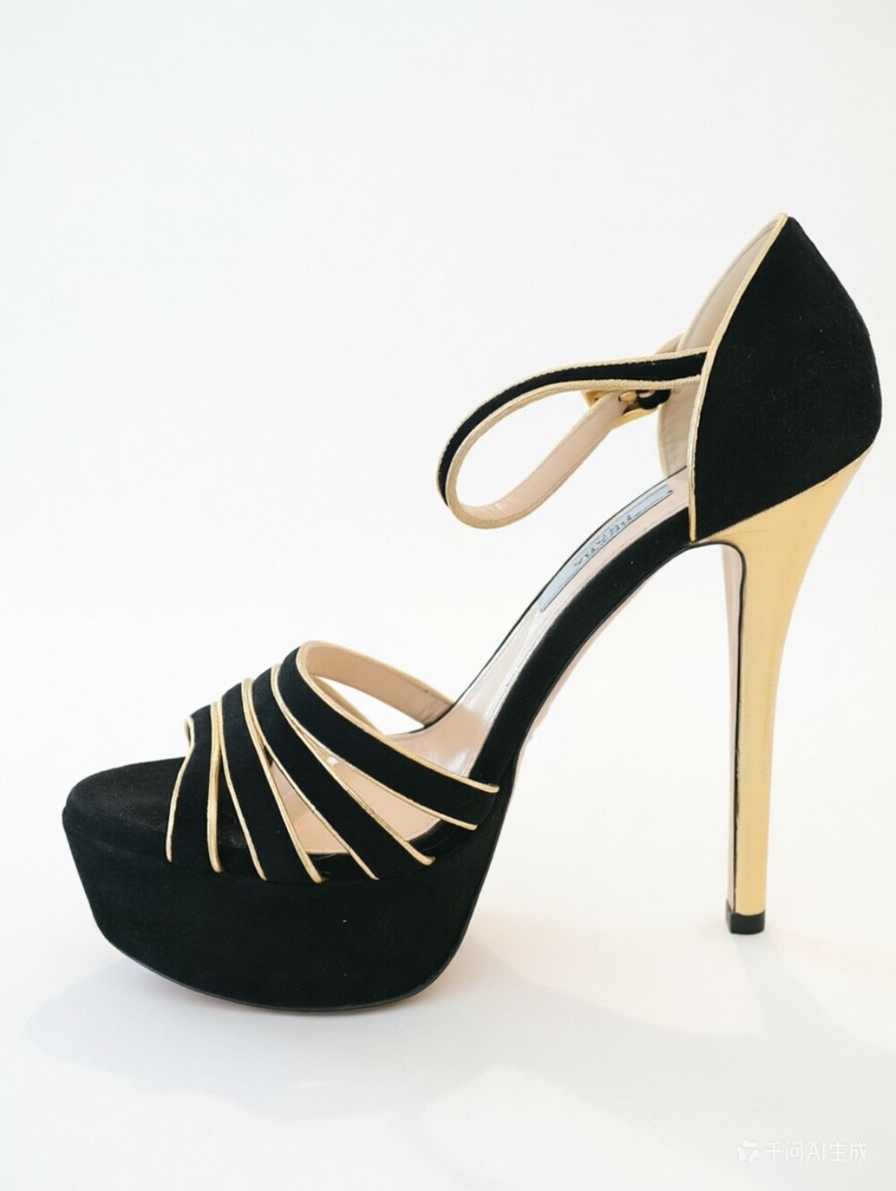 Prada Black/Gold Suede And Leather Open Toe Ankle Strap Platform Sandals - Picture 8 of 11